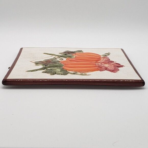 Fall Harvest 3D Orange Pumpkins Red Green Leaves Ceramic Tile Trivet Wall Decor - Picture 3 of 12